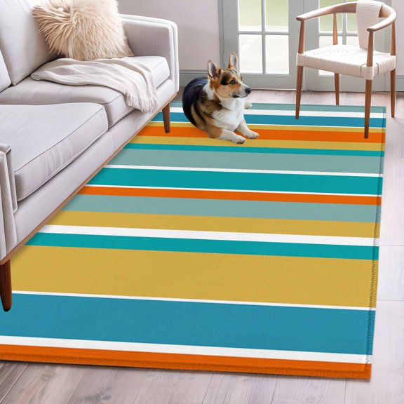 Area Rugs 2.7'x5', Blue Teal Orange Striped Carpet for Living Room Bedroom Dining Room, Farmhouse Stripe Throw Kitchen Rugs Non Slip Washable Rectangle Indoor Outdoor Rugs