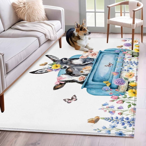 Area Rugs 2.7'x5', Blue Truck Cow Carpet for Living Room Bedroom Dining Room, Animals Spring Floral Butterfly Farmhouse Throw Kitchen Rugs Non Slip Washable Rectangle Indoor Outdoor Rugs