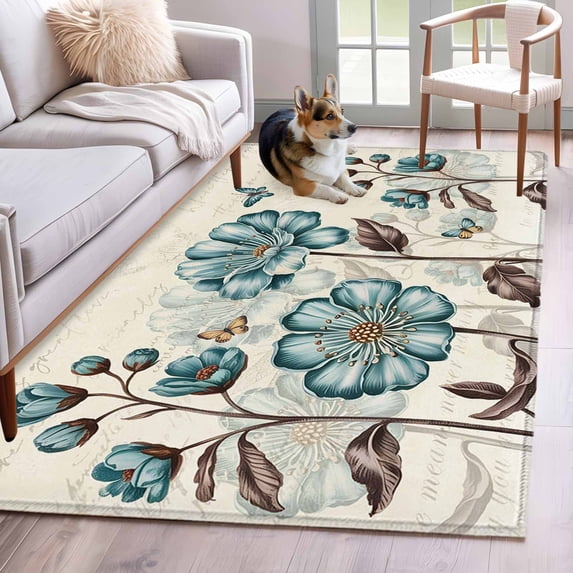 Area Rugs 2.7'x5', Blue Tulip Carpet for Living Room Bedroom Dining Room, Vintage Flowers Butterfly Plants Beige Rustic Throw Kitchen Rugs Non Slip Washable Rectangle Indoor Outdoor Rugs