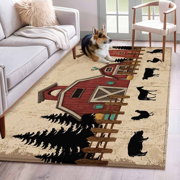 Area Rugs 2.7'x5', Brown Farmhouse Carpet for Living Room Bedroom Dining Room, Vintage Country Animals Cabin Forest Throw Kitchen Rugs Non Slip Washable Rectangle Indoor Outdoor Rugs