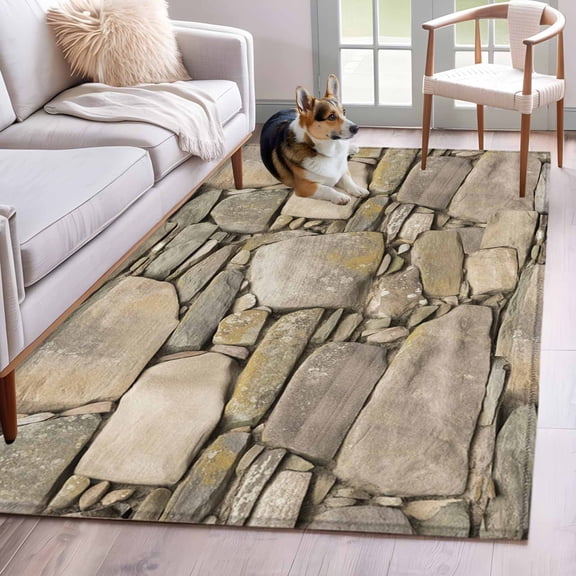 Area Rugs 2.7'x5', Brown Stone Wall Carpet for Living Room Bedroom Dining Room, Vintage Country Rocks Brick Pattern Throw Kitchen Rugs Non Slip Washable Rectangle Indoor Outdoor Rugs