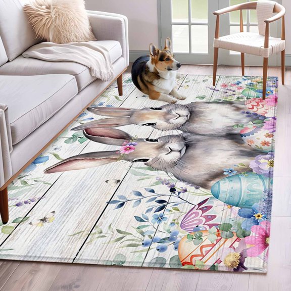 Area Rugs 2.7'x5', Bunny Easter Carpet for Living Room Bedroom Dining Room, Eucalyptus Leaves Spring Floral Eggs Wooden Throw Kitchen Rugs Non Slip Washable Rectangle Indoor Outdoor Rugs
