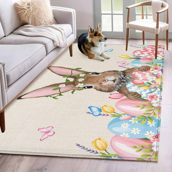 Area Rugs 2.7'x5', Bunny Easter Carpet for Living Room Bedroom Dining Room, Pink Blue Eggs Tulips Floral Rabbit Rustic Throw Kitchen Rugs Non Slip Washable Rectangle Indoor Outdoor Rugs