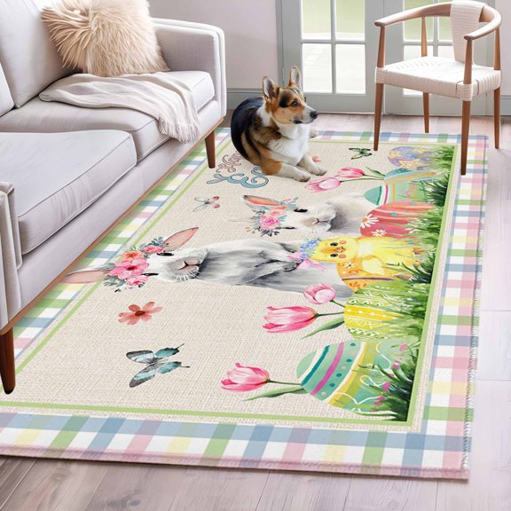 Area Rugs 2.7'x5', Bunny Easter Carpet for Living Room Bedroom Dining Room, Spring Floral Eggs Animals Rustic Throw Kitchen Rugs Non Slip Washable Rectangle Indoor Outdoor Rugs