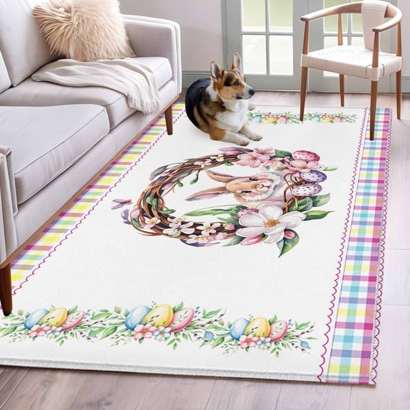 Area Rugs 2.7'x5', Bunny Easter Carpet for Living Room Bedroom Dining Room, Spring Floral Eggs Pastoral Rabbit Throw Kitchen Rugs Non Slip Washable Rectangle Indoor Outdoor Rugs