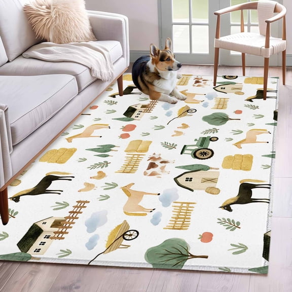 Area Rugs 2.7'x5', Cartoon Farmhouse Carpet for Living Room Bedroom Dining Room, Cute Watercolor Cabin Animals Trees Throw Kitchen Rugs Non Slip Washable Rectangle Indoor Outdoor Rugs