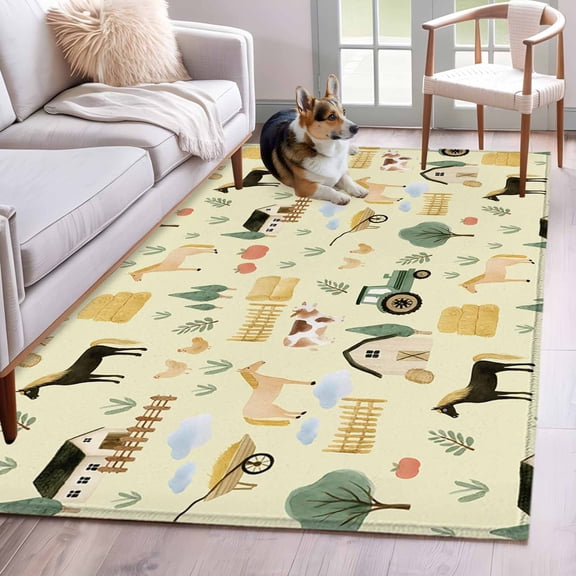 Area Rugs 2.7'x5', Cartoon Farmhouse Carpet for Living Room Bedroom Dining Room, Cute Watercolor Cabin Animals Trees Yellow Throw Kitchen Rugs Non Slip Washable Rectangle Indoor Outdoor Rugs