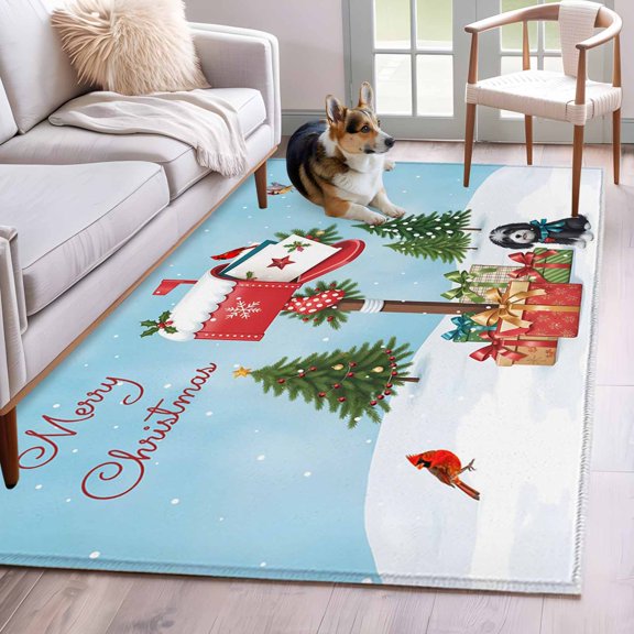 Area Rugs 2.7'x5', Christmas Carpet for Living Room Bedroom Dining Room, Winter Cartoon Xmas Mailbox Cardinal Pine Trees Throw Kitchen Rugs Non Slip Washable Rectangle Indoor Outdoor Rugs