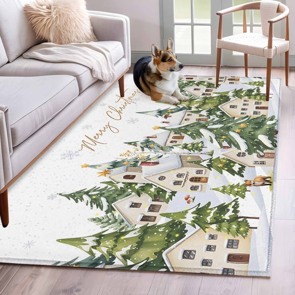 Area Rugs 2.7'x5', Christmas Carpet for Living Room Bedroom Dining Room, Winter Xmas Trees Snowflakes Country Cabin Throw Kitchen Rugs Non Slip Washable Rectangle Indoor Outdoor Rugs