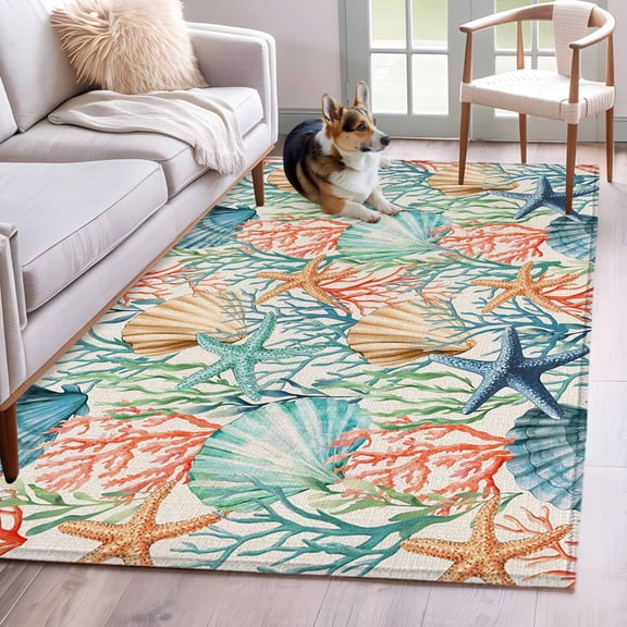 Area Rugs 2.7'x5', Coastal Beach Carpet for Living Room Bedroom Dining Room, Nautical Summer Coral Starfish Shell Throw Kitchen Rugs Non Slip Washable Rectangle Indoor Outdoor Rugs