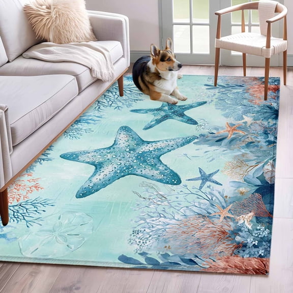 Area Rugs 2.7'x5', Coastal Starfish Blue Carpet for Living Room Bedroom Dining Room, Summer Beach Nautical Coral Throw Kitchen Rugs Non Slip Washable Rectangle Indoor Outdoor Rugs