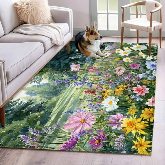 Area Rugs 2.7'x5', Colorful Floral Spring Carpet for Living Room Bedroom Dining Room, Daisy Green Forest Pastoral Throw Kitchen Rugs Non Slip Washable Rectangle Indoor Outdoor Rugs