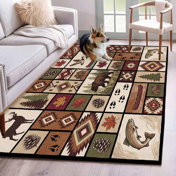 Area Rugs 2.7'x5', Country Patch Plaid Carpet for Living Room Bedroom Dining Room, Brown Farmhouse Retro Bear Deer Cabin Throw Kitchen Rugs Non Slip Washable Rectangle Indoor Outdoor Rugs