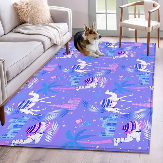 Area Rugs 2.7'x5', Cute Camels Carpet for Living Room Bedroom Dining Room, Desert Animals Houses Palm Trees Fantasy Purple Throw Kitchen Rugs Non Slip Washable Rectangle Indoor Outdoor Rugs
