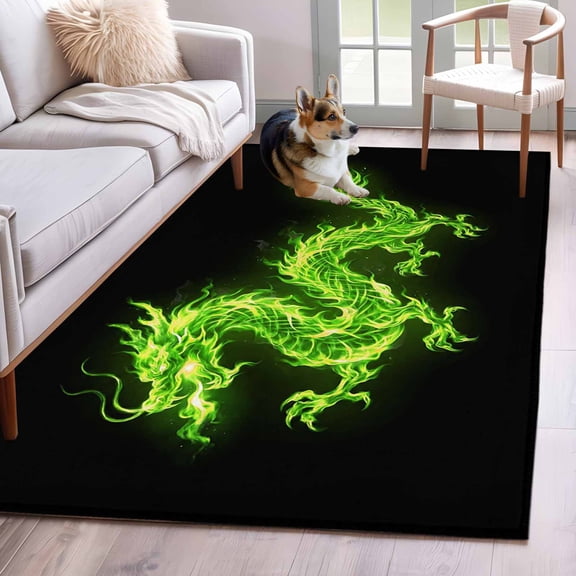 Area Rugs 2.7'x5', Dragon Flames Carpet for Living Room Bedroom Dining Room, Green Dragons Abstract Modern Art Throw Kitchen Rugs Non Slip Washable Rectangle Indoor Outdoor Rugs