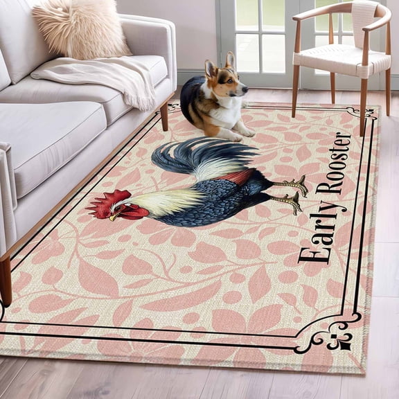 Area Rugs 2.7'x5', Early Rooster Carpet for Living Room Bedroom Dining Room, Pink Spring Farmhouse Leaves Burlap Throw Kitchen Rugs Non Slip Washable Rectangle Indoor Outdoor Rugs