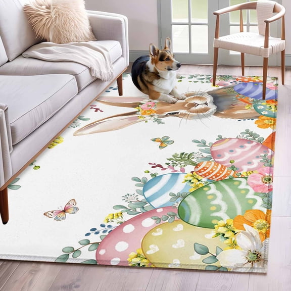 Area Rugs 2.7'x5', Easter Bunny Carpet for Living Room Bedroom Dining Room, Colorful Easter Eggs Eucalyptus Leaves Weeping Throw Kitchen Rugs Non Slip Washable Rectangle Indoor Outdoor Rugs