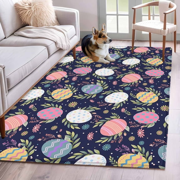 Area Rugs 2.7'x5', Easter Bunny Carpet for Living Room Bedroom Dining Room, Colorful Eggs Spring Leaves Daisy Navy Blue Throw Kitchen Rugs Non Slip Washable Rectangle Indoor Outdoor Rugs