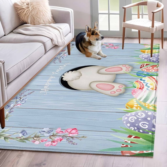 Area Rugs 2.7'x5', Easter Bunny Carpet for Living Room Bedroom Dining Room, Cute Rabbit Colorful Eggs Rustic Blue Wooden Throw Kitchen Rugs Non Slip Washable Rectangle Indoor Outdoor Rugs