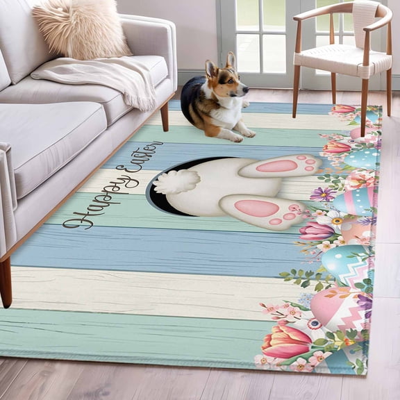 Area Rugs 2.7'x5', Easter Bunny Carpet for Living Room Bedroom Dining Room, Cute Rabbit Eggs Flowers Farmhouse Wood Throw Kitchen Rugs Non Slip Washable Rectangle Indoor Outdoor Rugs
