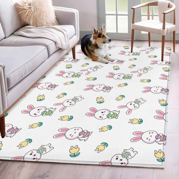 Area Rugs 2.7'x5', Easter Bunny Carpet for Living Room Bedroom Dining Room, Cute Rabbits Green Eggs Spring Tulips Throw Kitchen Rugs Non Slip Washable Rectangle Indoor Outdoor Rugs