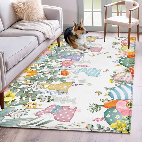 Area Rugs 2.7'x5', Easter Bunny Carpet for Living Room Bedroom Dining Room, Eucalyptus Leaves Spring Easter Eggs Country Throw Kitchen Rugs Non Slip Washable Rectangle Indoor Outdoor Rugs