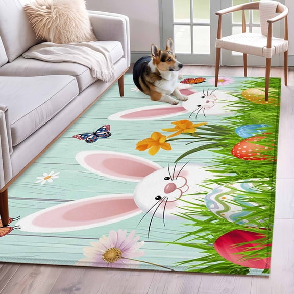 Area Rugs 2.7'x5', Easter Bunny Carpet for Living Room Bedroom Dining Room, Spring Cute Eggs Farmhouse Wooden Grain Throw Kitchen Rugs Non Slip Washable Rectangle Indoor Outdoor Rugs