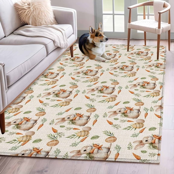 Area Rugs 2.7'x5', Easter Bunny Carpet for Living Room Bedroom Dining Room, Spring Easter Eggs Botanical Linen Throw Kitchen Rugs Non Slip Washable Rectangle Indoor Outdoor Rugs