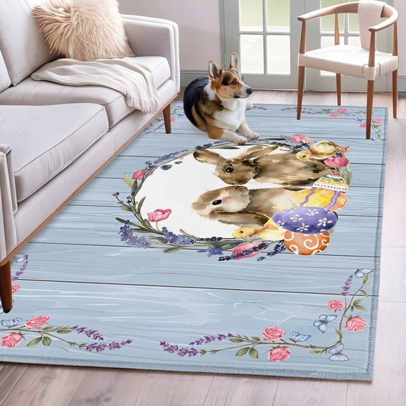 Area Rugs 2.7'x5', Easter Bunny Carpet for Living Room Bedroom Dining Room, Spring Easter Eggs Chick Floral Blue Wood Throw Kitchen Rugs Non Slip Washable Rectangle Indoor Outdoor Rugs