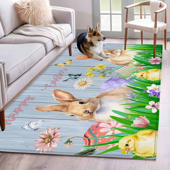 Area Rugs 2.7'x5', Easter Bunny Carpet for Living Room Bedroom Dining Room, Spring Easter Eggs Chicken Blue Wood Throw Kitchen Rugs Non Slip Washable Rectangle Indoor Outdoor Rugs