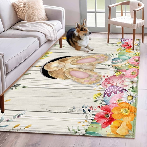 Area Rugs 2.7'x5', Easter Bunny Carpet for Living Room Bedroom Dining Room, Spring Easter Eggs Eucalyptus Flowers Wooden Throw Kitchen Rugs Non Slip Washable Rectangle Indoor Outdoor Rugs