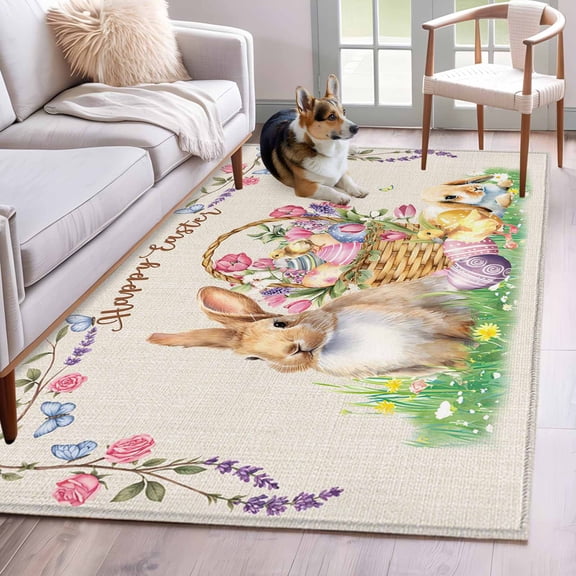 Area Rugs 2.7'x5', Easter Bunny Carpet for Living Room Bedroom Dining Room, Spring Easter Eggs Floral Burlap Rustic Throw Kitchen Rugs Non Slip Washable Rectangle Indoor Outdoor Rugs