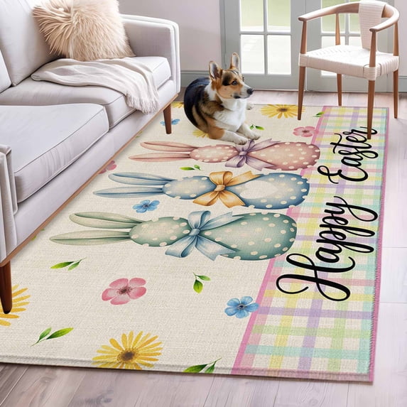 Area Rugs 2.7'x5', Easter Bunny Carpet for Living Room Bedroom Dining Room, Spring Watercolor Polka Dot Flower Plaid Beige Throw Kitchen Rugs Non Slip Washable Rectangle Indoor Outdoor Rugs