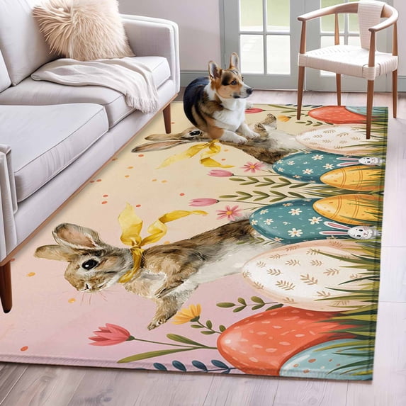 Area Rugs 2.7'x5', Easter Bunny Eggs Carpet for Living Room Bedroom Dining Room, Spring Tulip Flowers Leaves Country Plants Throw Kitchen Rugs Non Slip Washable Rectangle Indoor Outdoor Rugs