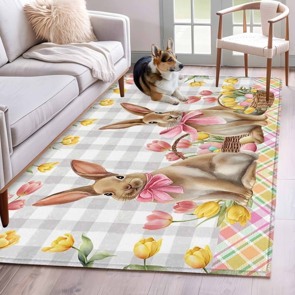 Area Rugs 2.7'x5', Easter Bunny Eggs Carpet for Living Room Bedroom Dining Room, Spring Tulips Rustic Rabbits Grey Plaid Throw Kitchen Rugs Non Slip Washable Rectangle Indoor Outdoor Rugs