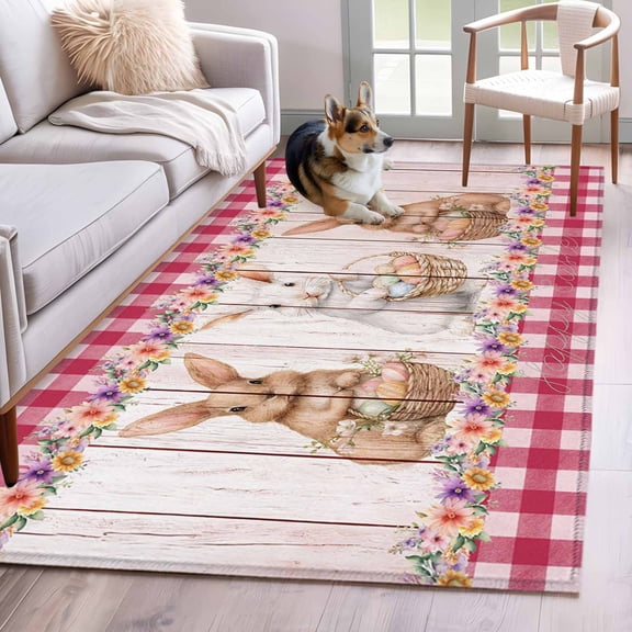 Area Rugs 2.7'x5', Easter Bunny Eggs Carpet for Living Room Bedroom Dining Room, Spring Wildflowers Plants Pink Farm Plaid Throw Kitchen Rugs Non Slip Washable Rectangle Indoor Outdoor Rugs