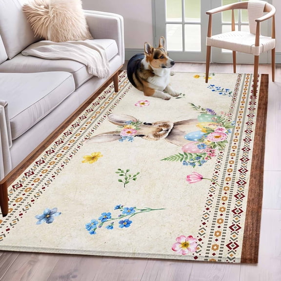 Area Rugs 2.7'x5', Easter Carpet for Living Room Bedroom Dining Room, Boho Ethnic Farmhouse Rabbit Colorful Eggs Patterned Throw Kitchen Rugs Non Slip Washable Rectangle Indoor Outdoor Rugs