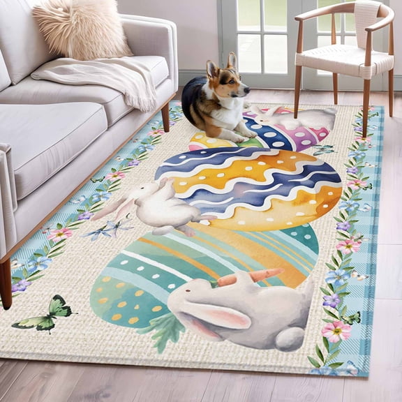 Area Rugs 2.7'x5', Easter Carpet for Living Room Bedroom Dining Room, Colorful Eggs Rabbit Flowers Leaves Blue Plaid Throw Kitchen Rugs Non Slip Washable Rectangle Indoor Outdoor Rugs