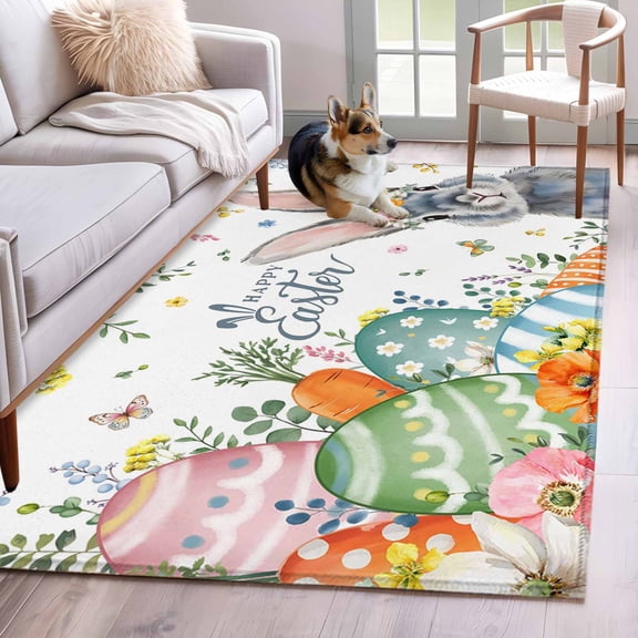 Area Rugs 2.7'x5', Easter Carpet for Living Room Bedroom Dining Room, Easter Grey Bunny Spring Watercolor Eggs Butterflies Throw Kitchen Rugs Non Slip Washable Rectangle Indoor Outdoor Rugs