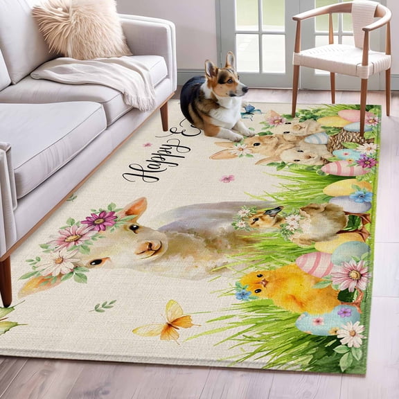 Area Rugs 2.7'x5', Easter Carpet for Living Room Bedroom Dining Room, Farmhouse Flowers Wreath Sheep Rabbits Duck Eggs Throw Kitchen Rugs Non Slip Washable Rectangle Indoor Outdoor Rugs