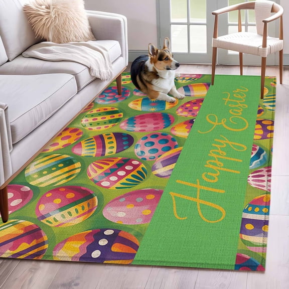 Area Rugs 2.7'x5', Easter Carpet for Living Room Bedroom Dining Room, Farmhouse Green Spring Watercolor Flowers Eggs Throw Kitchen Rugs Non Slip Washable Rectangle Indoor Outdoor Rugs