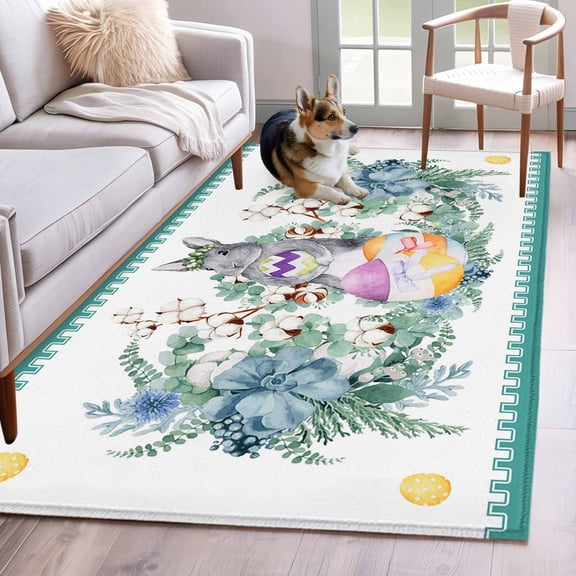 Area Rugs 2.7'x5', Easter Carpet for Living Room Bedroom Dining Room, Grey Cute Bunny Flowers Eggs Eucalyptus Leaves Throw Kitchen Rugs Non Slip Washable Rectangle Indoor Outdoor Rugs