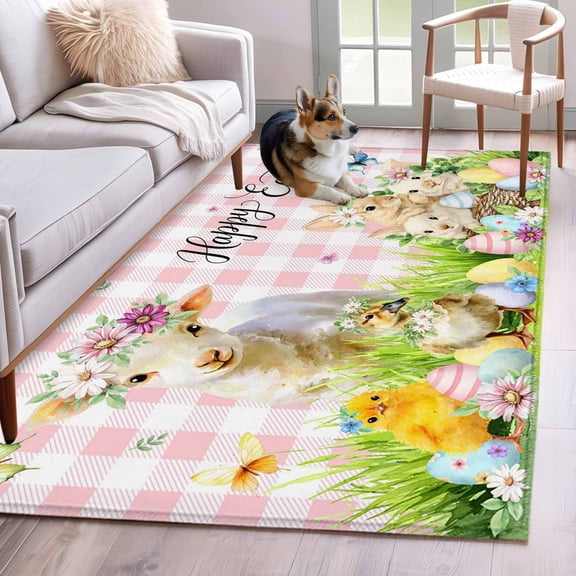 Area Rugs 2.7'x5', Easter Carpet for Living Room Bedroom Dining Room, Rabbit Sheep Eggs Butterfly Flowers Pink Grid Throw Kitchen Rugs Non Slip Washable Rectangle Indoor Outdoor Rugs