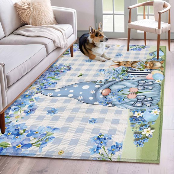 Area Rugs 2.7'x5', Easter Carpet for Living Room Bedroom Dining Room, Spring Blue Gnomes Rabbit Eggs Floral Buffalo Plaid Throw Kitchen Rugs Non Slip Washable Rectangle Indoor Outdoor Rugs