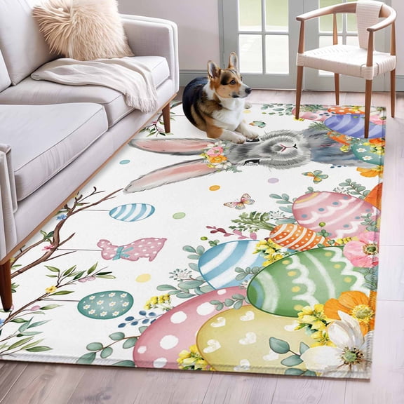 Area Rugs 2.7'x5', Easter Carpet for Living Room Bedroom Dining Room, Spring Bunny Eggs Botanical Leaves Tree Branch Throw Kitchen Rugs Non Slip Washable Rectangle Indoor Outdoor Rugs