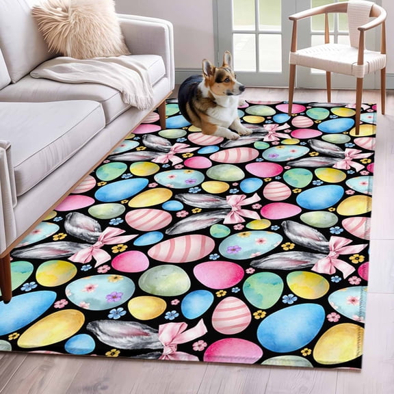 Area Rugs 2.7'x5', Easter Carpet for Living Room Bedroom Dining Room, Spring Colorful Eggs Bunny Flower Plant Black Throw Kitchen Rugs Non Slip Washable Rectangle Indoor Outdoor Rugs