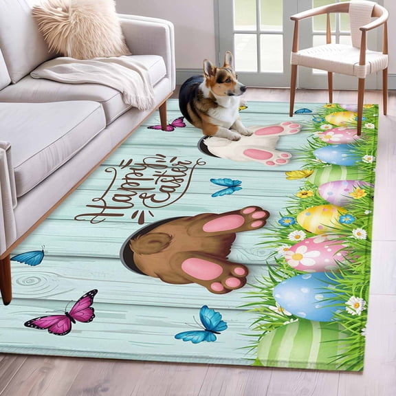 Area Rugs 2.7'x5', Easter Carpet for Living Room Bedroom Dining Room, Spring Easter Eggs Bunny Farmhouse Wooden Grain Throw Kitchen Rugs Non Slip Washable Rectangle Indoor Outdoor Rugs