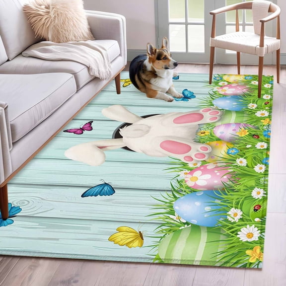 Area Rugs 2.7'x5', Easter Carpet for Living Room Bedroom Dining Room, Spring Easter Eggs Bunny Teal Wooden Grain Throw Kitchen Rugs Non Slip Washable Rectangle Indoor Outdoor Rugs