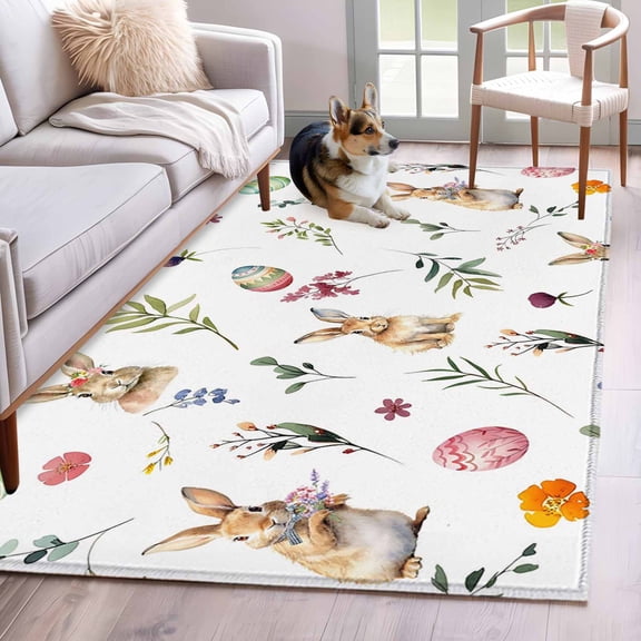 Area Rugs 2.7'x5', Easter Carpet for Living Room Bedroom Dining Room, Spring Farmhouse Rabbits Eggs Leaves Flowers Throw Kitchen Rugs Non Slip Washable Rectangle Indoor Outdoor Rugs