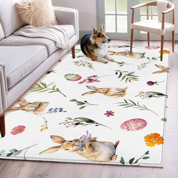 Area Rugs 2.7'x5', Easter Carpet for Living Room Bedroom Dining Room, Spring Farmhouse Rabbits Eggs Leaves Flowers Throw Kitchen Rugs Non Slip Washable Rectangle Indoor Outdoor Rugs
